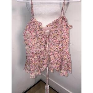 NWT Lush Pink Floral Tie Front Spaghetti Straps Sheer Ruffles Boho